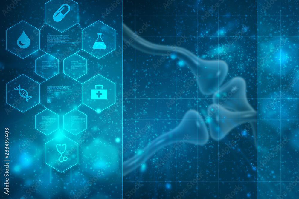 Poster synapse and neuron cells sending electrical chemical signals. 3d rendering