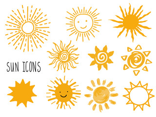Hand drawn vector set of different suns icons isolated on white.
