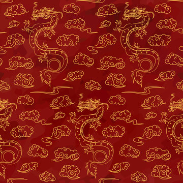Seamless oriental pattern with dragons and clouds, chinese ornament on a watercolor background