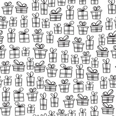 Seamless texture with hand drawn gift boxes with bows and ribbons. Sketch illustration on white background.