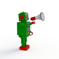 Green retro robot holding megaphone 3d illustration isolated on a white background, Marketing concept