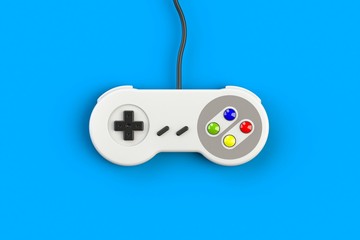 Video game console GamePad. Gaming concept. Top view retro joystick isolated on blue background, 3D rendering