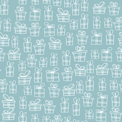 Seamless texture with hand drawn gift boxes with bows and ribbons. Sketch illustration on white background.