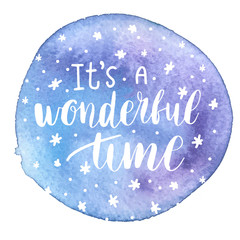 Greeting Christmas card with hand-drawn typography lettering phrase Holly Jolly on watercolor painted background. Holiday banner or poster design