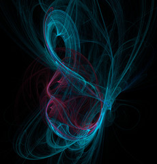 Fractal abstraction. A glowing center around which spirals and waves.