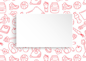 Fitness banner with hand drawn gym pattern and 3d paper plate. Doodle icons for healthy workout and exercise. Sport lifestyle line art. Stylish fitness banner for sales, special offers, flyers and ad.