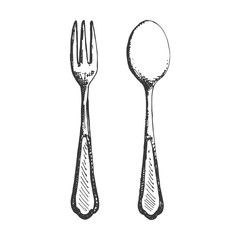 small cutlery fork and spoon sketch. isolated drawing vector object