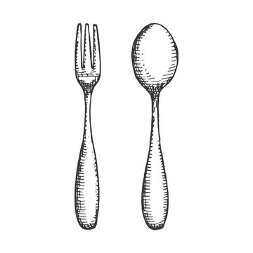 Small Cutlery Fork And Spoon Sketch. Isolated Drawing Vector Object