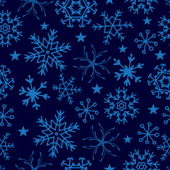 Naklejka na ściany i meble Seamless pattern from snowflakes on deep blue background