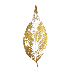 Gold leaf as design element isolated on white background. Leaf print with gold acrylic paint. Holiday decoration in style grunge