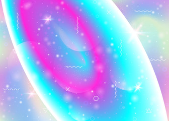 Galaxy background with cosmos and universe shapes and star dust. Holographic futuristic gradients. 3d fluid with magic sparkles. Fantastic space landscape with planets. Memphis galaxy background.