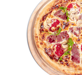 Delicious pizza served on wooden plate isolated on white