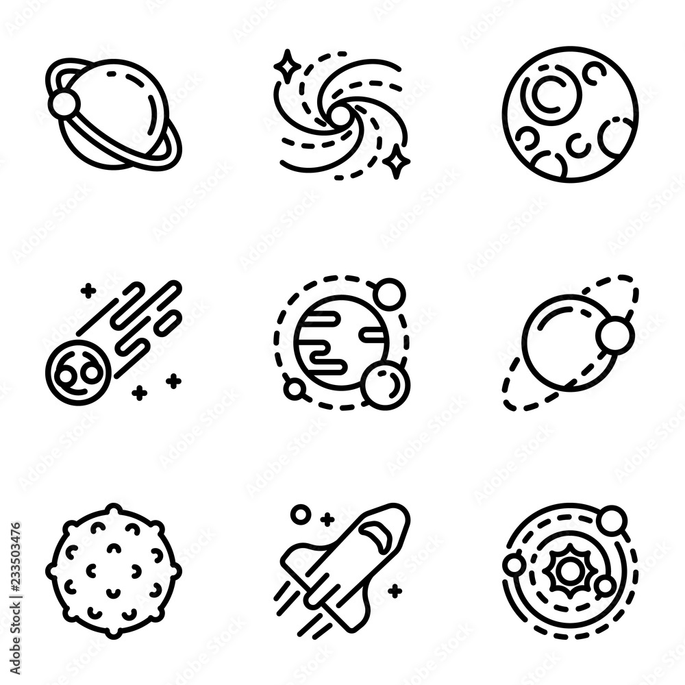 Poster solar system icon set. outline set of 9 solar system vector icons for web design isolated on white b