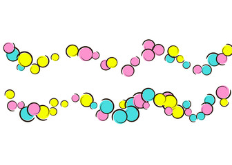 Polka dot background with comic pop art confetti. Big colored spots, spirals and circles on white. Vector illustration. Trendy kids splatter for birthday party. Rainbow polka dot background.