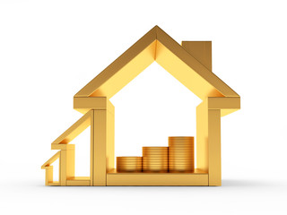 Real estate concept. Golden house icons of various sizes with coins inside. 3D illustration 