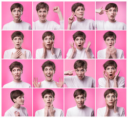 Different emotions collage. Set of young emotional woman over pink background. Female different emotions. Facial expressions concept. Trendy color. Female portraits of caucasian model at studio