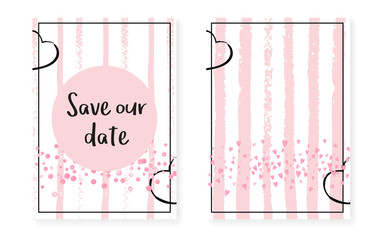 Pink glitter sequins with dots. Wedding and bridal shower invitation cards set with confetti. Vertical stripes background. Tender pink glitter sequins for party, event, save the date flyer.