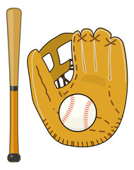 グローブと野球ボール、バットのセット