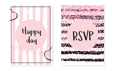 Wedding card invitation with dots and sequins. Bridal shower set with pink glitter confetti. Vertical stripes background. Hipster wedding card for party, event, save the date flyer.