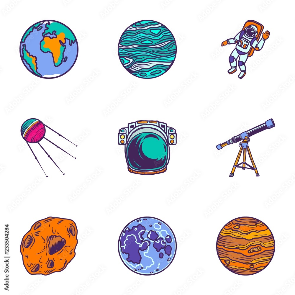 Poster space planet icon set. hand drawn set of 9 space planet vector icons for web design isolated on whit