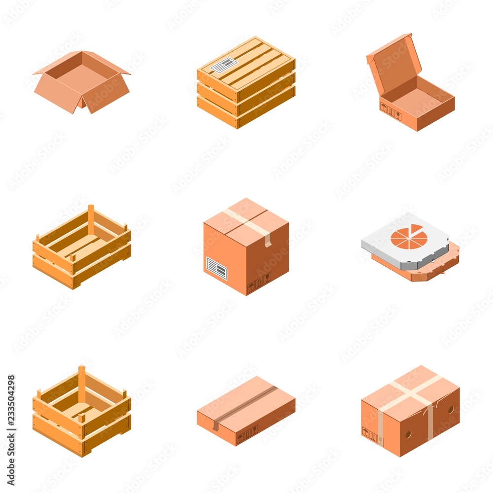 Poster carton package icon set. isometric set of 9 carton package vector icons for web design isolated on w