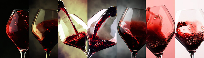 Red wine, alcohol collection in glasses. Wine tasting. Drink background. Close-up, Photo collage
