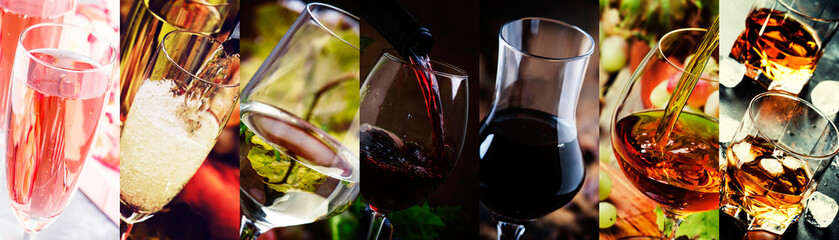 Panele Szklane Podświetlane  Kolaż, napoje od łagodnego do mocnego. Szampan, wino, likier, koniak, whisky. Zbliżenie.