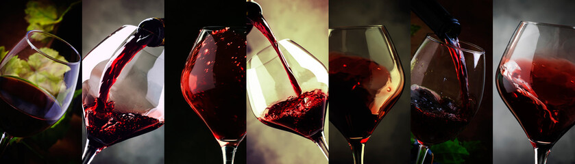 Red wine, alcohol collection in glasses. Wine tasting. Drink background. Close-up, Photo collage