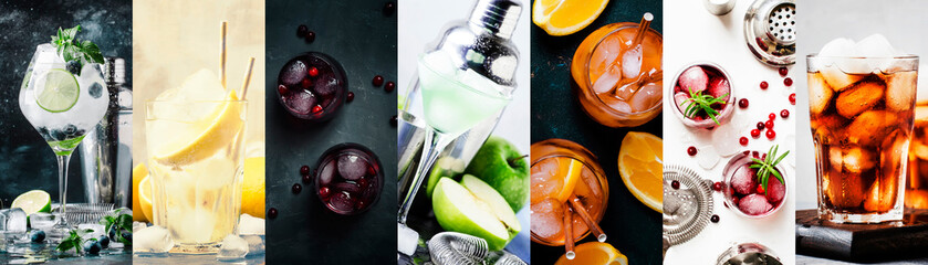 Alcoholic cocktails with strong drinks, soda, berries and fruit in assortment. Close-up. Photo...