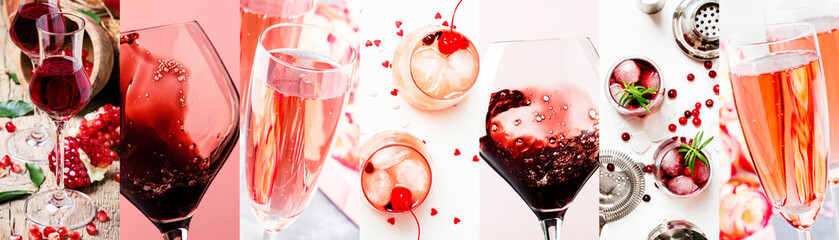 Panele Szklane Podświetlane  Czerwone i różowe napoje alkoholowe, wina, szampany i likiery, koktajle jagodowe i owocowe. kolaż zdjęć
