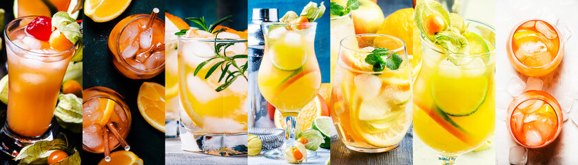 Alcoholic cocktails with orange in assortment. Close-up. Photo collage