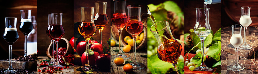 Strong alcoholic drinks, alcohol collection. Liqueurs and liquors in glasses. Rustik style. Photo collage