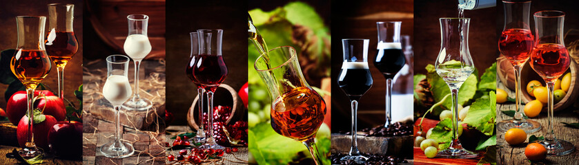 Strong alcoholic drinks, alcohol collection. Liqueurs and liquors in glasses. Rustik style. Photo...