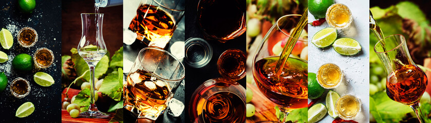 Photo collage, strong alcoholic drinks: cognac, vinsky and brandy, tequila and vodka, grappa,...