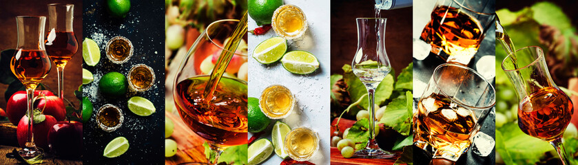 Photo collage, strong alcoholic drinks: cognac, vinsky and brandy, tequila and vodka, grappa,...