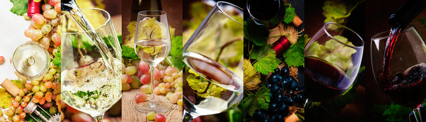 Red and white wine, alcohol collection in glasses. Wine tasting. Rustic style. Photo collage