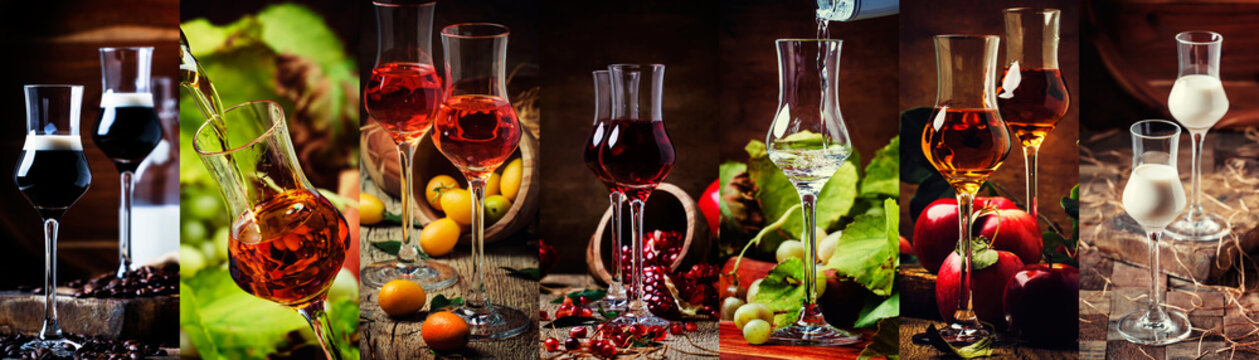 Strong alcoholic drinks, alcohol collection. Liqueurs and liquors in glasses. Rustik style. Photo collage
