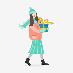 Happy girl carries a gift. Preparing for the New Year and Christmas. Flat illustration for design.