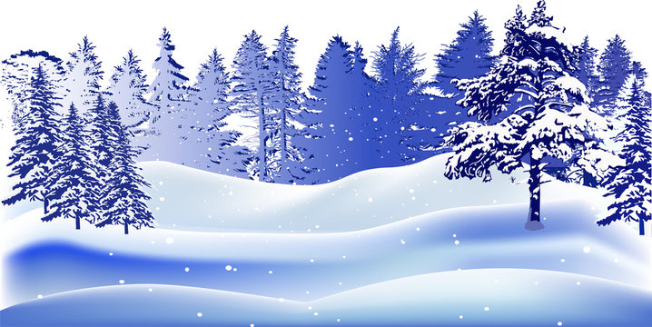 Trees In Blue Snow Winter Illustration