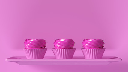 3 Pink Luxury Rosette Muffin Cakes 3d illustration 3d render