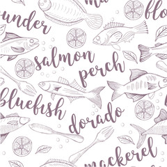 Saemless Vector line sketches of fish and seafood with lemon, spices and herbs. Handmade set isolated on a white background