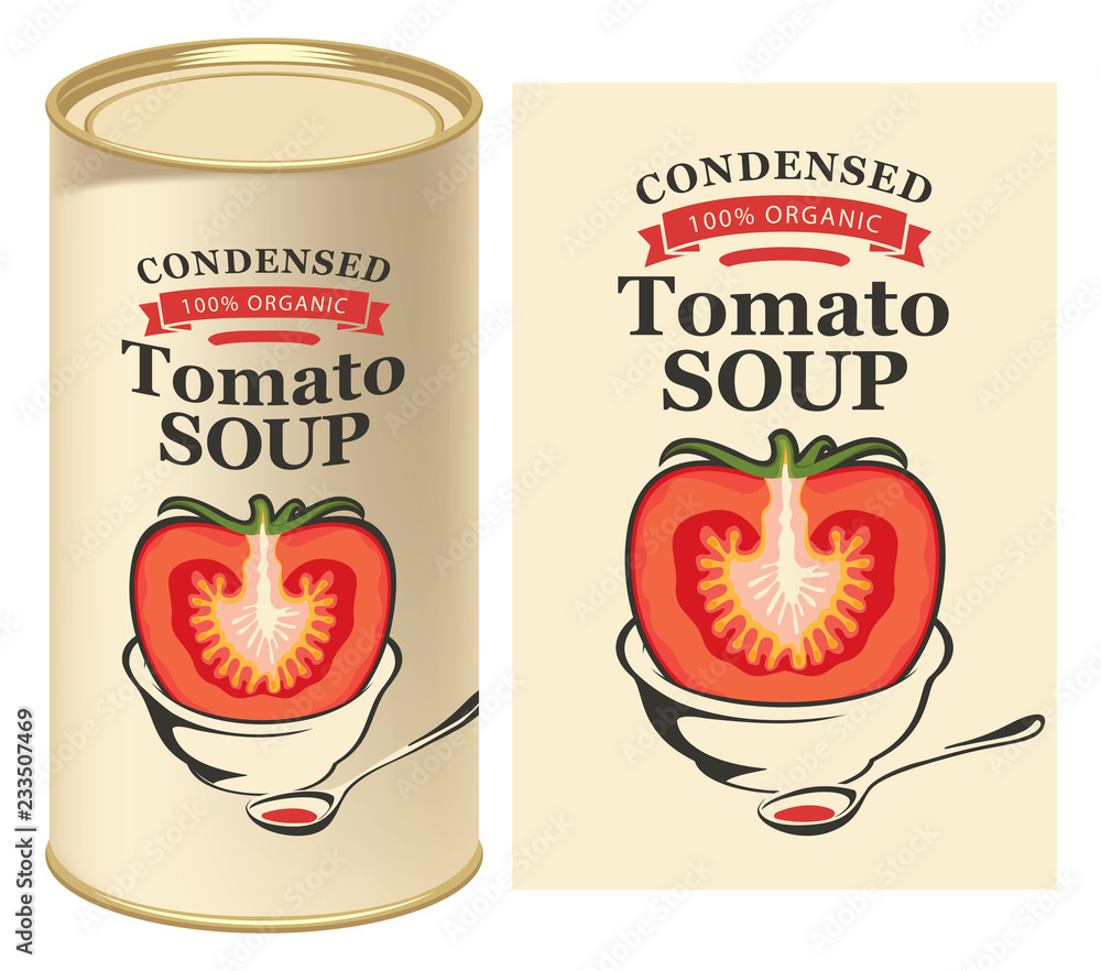 Poster vector illustration of label for condensed tomato soup with the image of a cut tomato on light backg