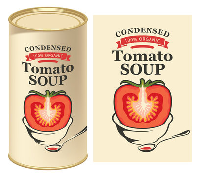 Vector illustration of label for condensed tomato soup with the image of a cut tomato on light background and tin can with this label