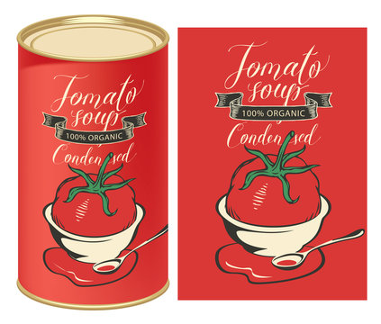 Vector illustration of label for condensed tomato soup with the image of a tomato on red background and tin can with this label