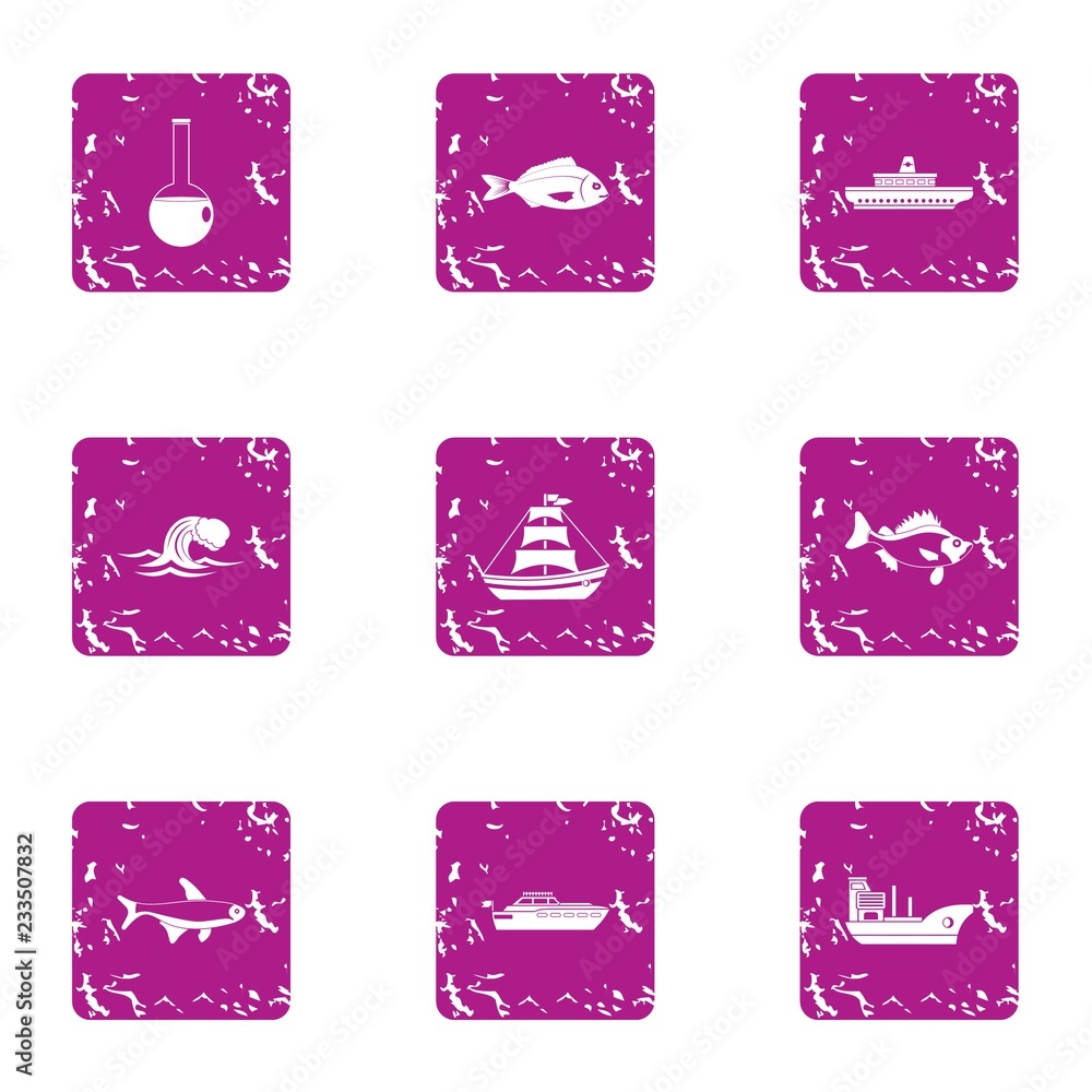 Poster battleship icons set. grunge set of 9 battleship vector icons for web isolated on white background