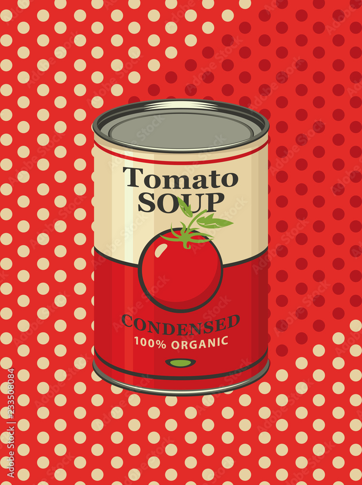 Poster vector illustration of tin can with a label for the condensed tomato soup on a background of red tab