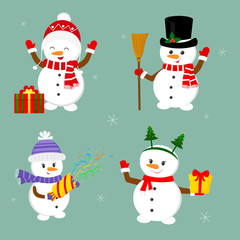 New Year and Christmas card. Set of four cute snowmen in different hats and poses in winter. Christmas tree, gifts, confetti, skates and ice. Cartoon style, vector