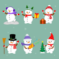 New Year and Christmas card. Set of six cute snowmen in different hats and poses in winter. Christmas tree, gifts, confetti, skates and ice. Cartoon style, vector