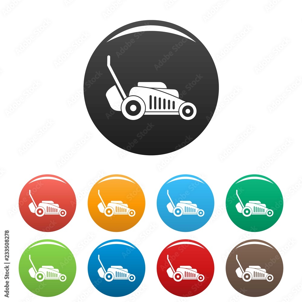 Poster grass cut machine icons set 9 color vector isolated on white for any design