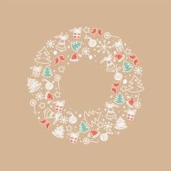 Symbols of the new year in the style of the doodle on a beige background. Flat illustration of Сhristmas symbols.